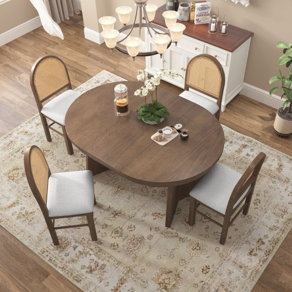 English Elm Trexm Retro Round Extendable Dining Set Oak Veneer Table with Rattan Back Chairs Beige/Walnut ST000140AAD