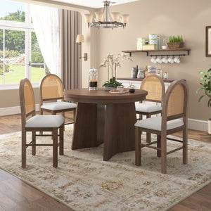 English Elm Trexm Retro Round Extendable Dining Set Oak Veneer Table with Rattan Back Chairs Beige/Walnut ST000140AAD