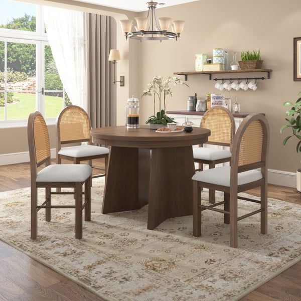 English Elm Trexm Retro Round Extendable Dining Set Oak Veneer Table with Rattan Back Chairs Beige/Walnut ST000140AAD