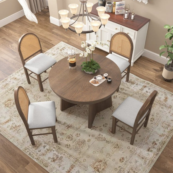 English Elm Trexm Retro Round Extendable Dining Set Oak Veneer Table with Rattan Back Chairs Beige/Walnut ST000140AAD