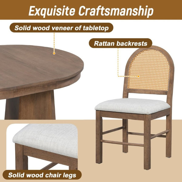 English Elm Trexm Retro Round Extendable Dining Set Oak Veneer Table with Rattan Back Chairs Beige/Walnut ST000140AAD