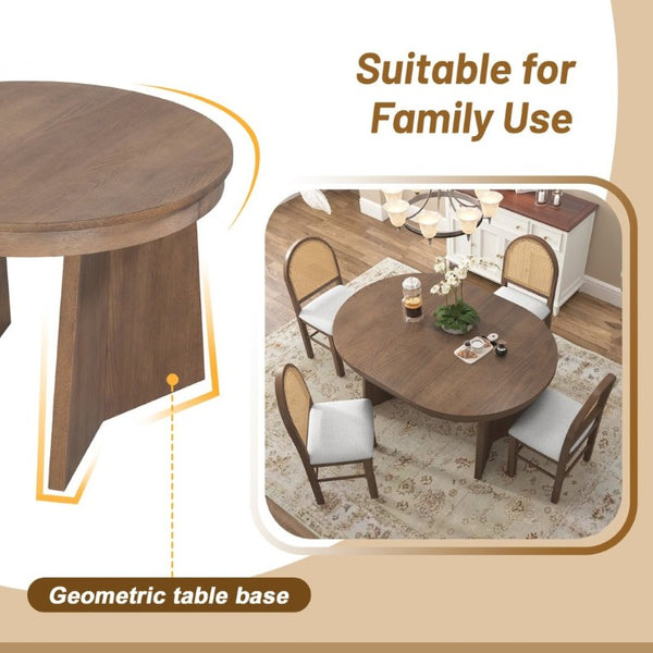 English Elm Trexm Retro Round Extendable Dining Set Oak Veneer Table with Rattan Back Chairs Beige/Walnut ST000140AAD