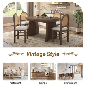 English Elm Trexm Retro Round Extendable Dining Set Oak Veneer Table with Rattan Back Chairs Beige/Walnut ST000140AAD