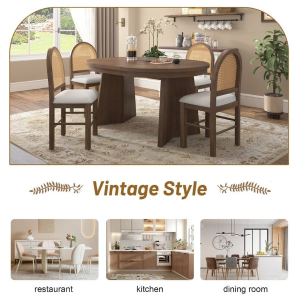English Elm Trexm Retro Round Extendable Dining Set Oak Veneer Table with Rattan Back Chairs Beige/Walnut ST000140AAD