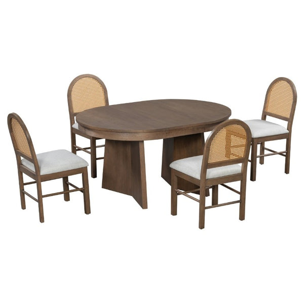 English Elm Trexm Retro Round Extendable Dining Set Oak Veneer Table with Rattan Back Chairs Beige/Walnut ST000140AAD