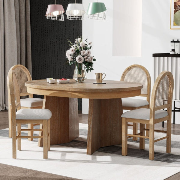 English Elm Trexm Retro Round Extendable Dining Set Oak Veneer Table with Rattan Back Chairs Natural Wood Wash ST000140AAE