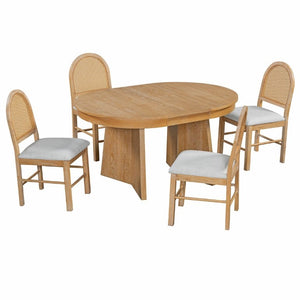 English Elm Trexm Retro Round Extendable Dining Set Oak Veneer Table with Rattan Back Chairs Natural Wood Wash ST000140AAE