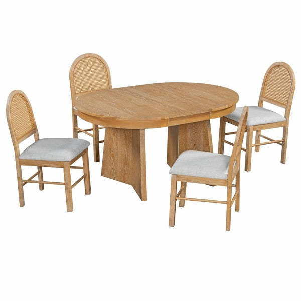 English Elm Trexm Retro Round Extendable Dining Set Oak Veneer Table with Rattan Back Chairs Natural Wood Wash ST000140AAE