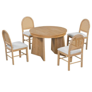 English Elm Trexm Retro Round Extendable Dining Set Oak Veneer Table with Rattan Back Chairs Natural Wood Wash ST000140AAE