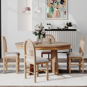 English Elm Trexm Retro Round Extendable Dining Set Oak Veneer Table with Rattan Back Chairs Natural Wood Wash ST000140AAE