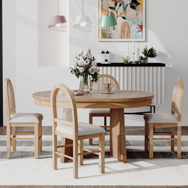 English Elm Trexm Retro Round Extendable Dining Set Oak Veneer Table with Rattan Back Chairs Natural Wood Wash ST000140AAE