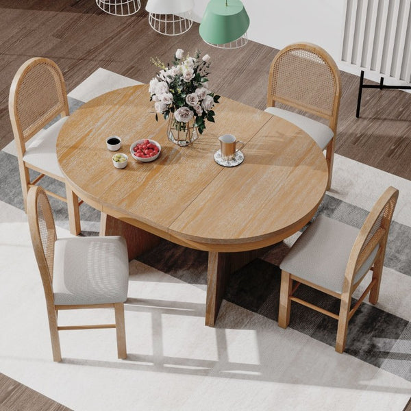 English Elm Trexm Retro Round Extendable Dining Set Oak Veneer Table with Rattan Back Chairs Natural Wood Wash ST000140AAE