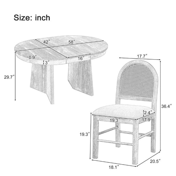 English Elm Trexm Retro Round Extendable Dining Set Oak Veneer Table with Rattan Back Chairs Natural Wood Wash ST000140AAE