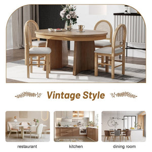 English Elm Trexm Retro Round Extendable Dining Set Oak Veneer Table with Rattan Back Chairs Natural Wood Wash ST000140AAE