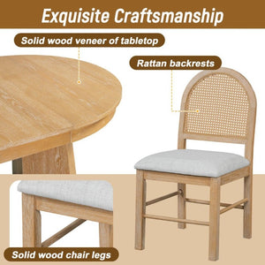 English Elm Trexm Retro Round Extendable Dining Set Oak Veneer Table with Rattan Back Chairs Natural Wood Wash ST000140AAE