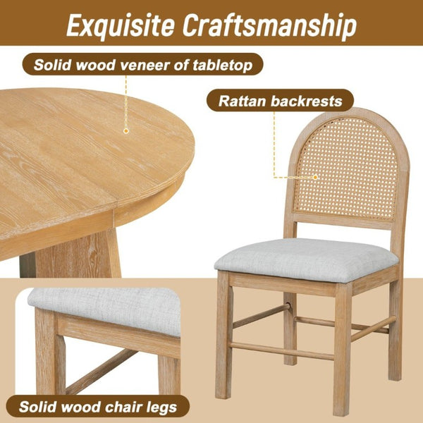 English Elm Trexm Retro Round Extendable Dining Set Oak Veneer Table with Rattan Back Chairs Natural Wood Wash ST000140AAE