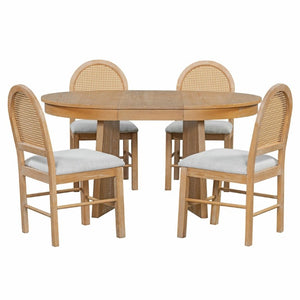 English Elm Trexm Retro Round Extendable Dining Set Oak Veneer Table with Rattan Back Chairs Natural Wood Wash ST000140AAE