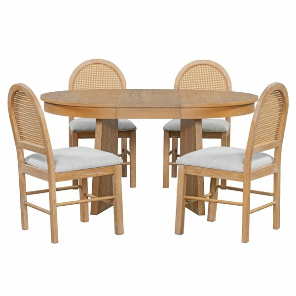 English Elm Trexm Retro Round Extendable Dining Set Oak Veneer Table with Rattan Back Chairs Natural Wood Wash ST000140AAE