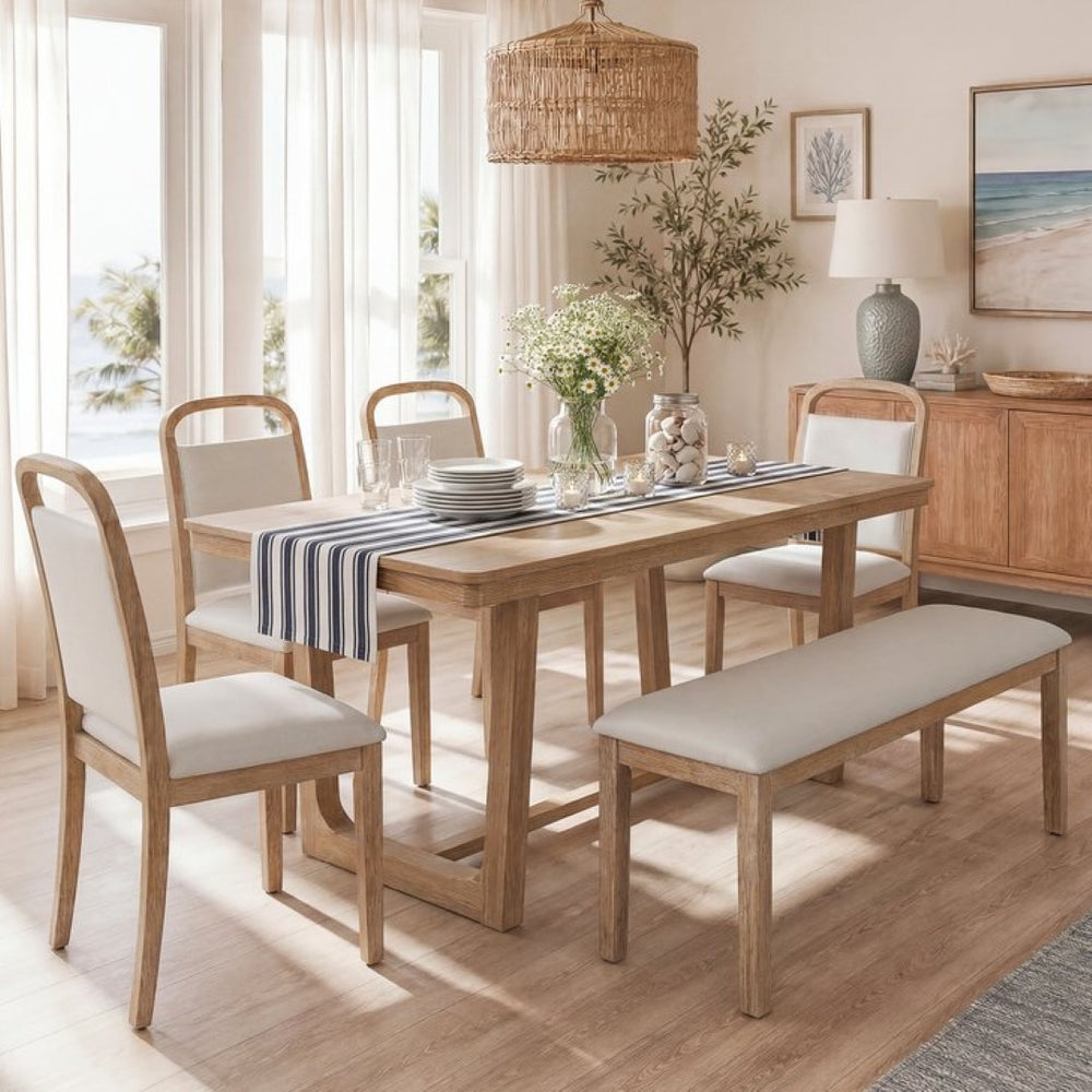 English Elm Trexm Farmhouse Six-piece Dining Set with Rubberwood Legs Upholstered Chairs and Bench Natural ST000159AAD