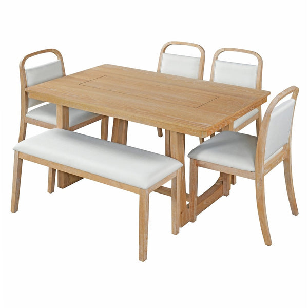 English Elm Trexm Farmhouse Six-piece Dining Set with Rubberwood Legs Upholstered Chairs and Bench Natural ST000159AAD