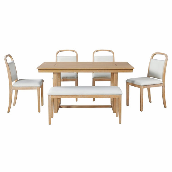 English Elm Trexm Farmhouse Six-piece Dining Set with Rubberwood Legs Upholstered Chairs and Bench Natural ST000159AAD
