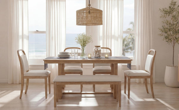 English Elm Trexm Farmhouse Six-piece Dining Set with Rubberwood Legs Upholstered Chairs and Bench Natural ST000159AAD