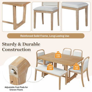 English Elm Trexm Farmhouse Six-piece Dining Set with Rubberwood Legs Upholstered Chairs and Bench Natural ST000159AAD