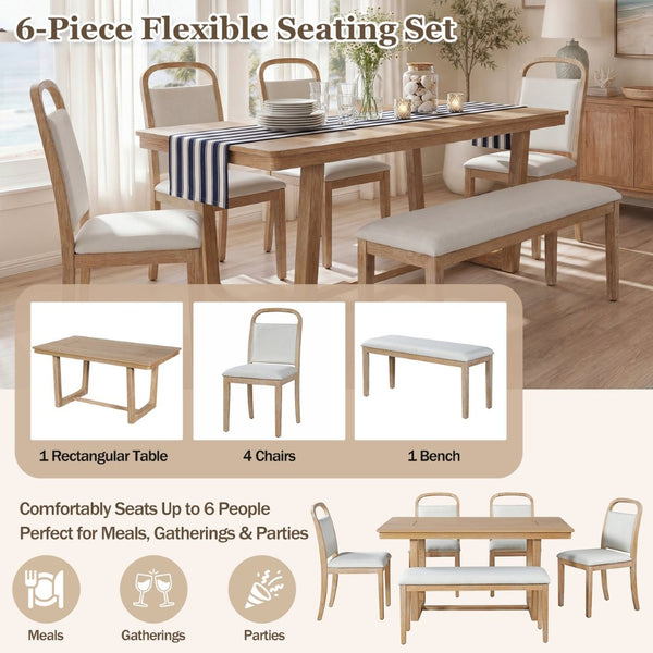 English Elm Trexm Farmhouse Six-piece Dining Set with Rubberwood Legs Upholstered Chairs and Bench Natural ST000159AAD