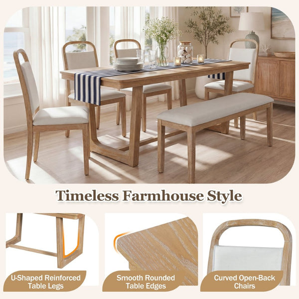 English Elm Trexm Farmhouse Six-piece Dining Set with Rubberwood Legs Upholstered Chairs and Bench Natural ST000159AAD