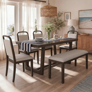 English Elm Trexm Farmhouse Six-piece Dining Set with Rubberwood Legs Upholstered Chairs and Bench Brown ST000159AAP