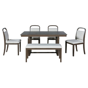 English Elm Trexm Farmhouse Six-piece Dining Set with Rubberwood Legs Upholstered Chairs and Bench Brown ST000159AAP