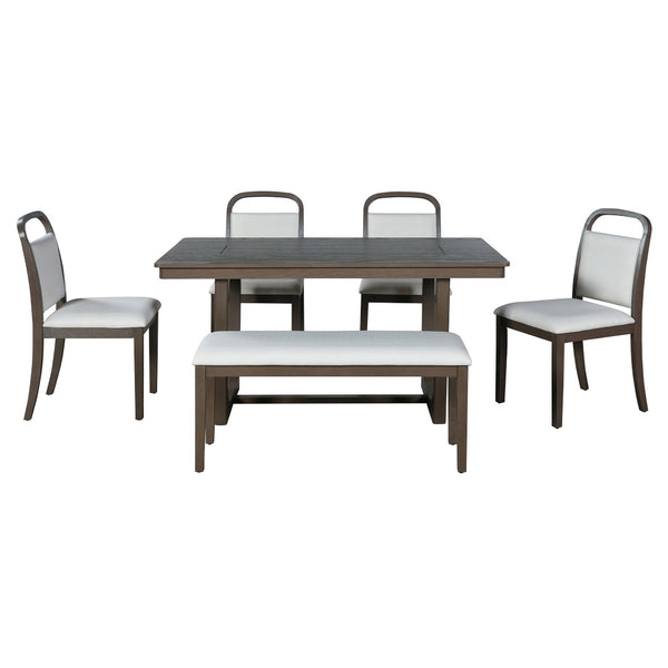 English Elm Trexm Farmhouse Six-piece Dining Set with Rubberwood Legs Upholstered Chairs and Bench Brown ST000159AAP