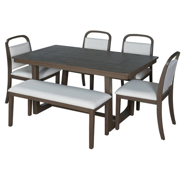 English Elm Trexm Farmhouse Six-piece Dining Set with Rubberwood Legs Upholstered Chairs and Bench Brown ST000159AAP
