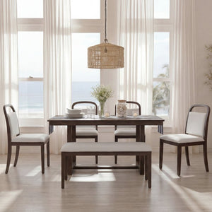 English Elm Trexm Farmhouse Six-piece Dining Set with Rubberwood Legs Upholstered Chairs and Bench Brown ST000159AAP
