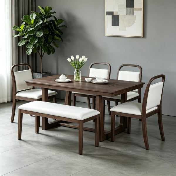 English Elm Trexm Farmhouse Six-piece Dining Set with Rubberwood Legs Upholstered Chairs and Bench Brown ST000159AAP