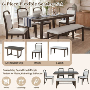 English Elm Trexm Farmhouse Six-piece Dining Set with Rubberwood Legs Upholstered Chairs and Bench Brown ST000159AAP