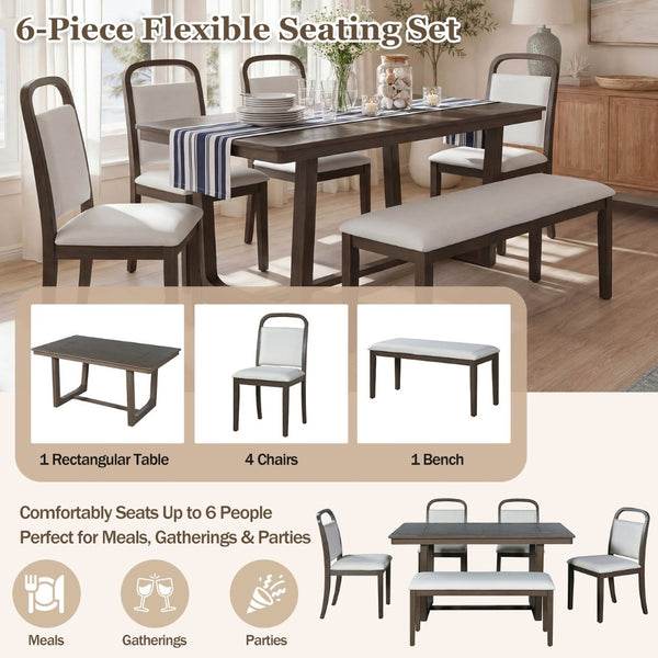 English Elm Trexm Farmhouse Six-piece Dining Set with Rubberwood Legs Upholstered Chairs and Bench Brown ST000159AAP