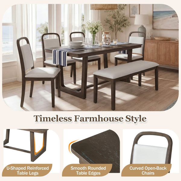 English Elm Trexm Farmhouse Six-piece Dining Set with Rubberwood Legs Upholstered Chairs and Bench Brown ST000159AAP