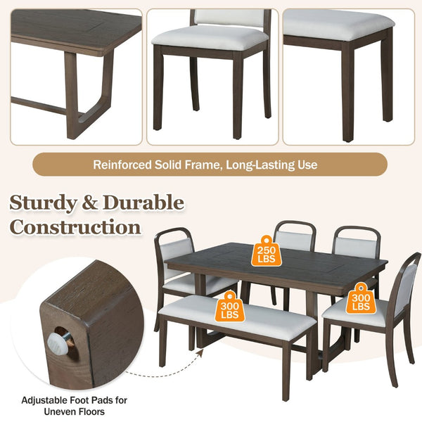 English Elm Trexm Farmhouse Six-piece Dining Set with Rubberwood Legs Upholstered Chairs and Bench Brown ST000159AAP