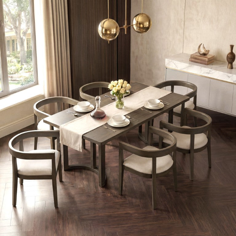 English Elm Trexm 7 Piece Farmhouse Dining Set with Oak Veneer Table and Barrel Back Padded Chairs ST000161AAP
