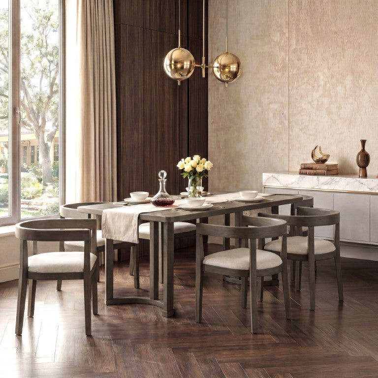 English Elm Trexm 7 Piece Farmhouse Dining Set with Oak Veneer Table and Barrel Back Padded Chairs ST000161AAP