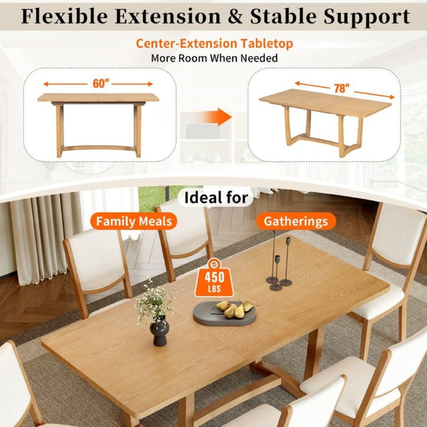 English Elm Trexm Extendable Oak Veneer Dining Set with Six Upholstered Curved Back Chairs Natural ST000162AAN