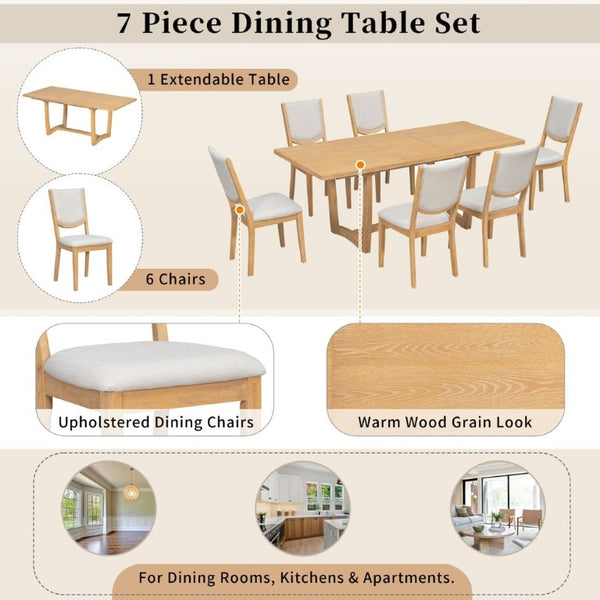 English Elm Trexm Extendable Oak Veneer Dining Set with Six Upholstered Curved Back Chairs Natural ST000162AAN