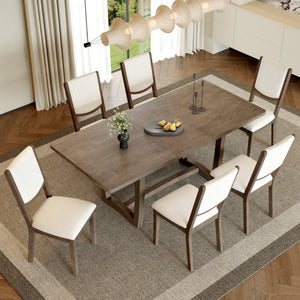 English Elm Trexm Extendable Oak Veneer Dining Set with Six Upholstered Curved Back Chairs Espresso ST000162AAP
