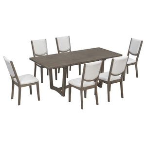 English Elm Trexm Extendable Oak Veneer Dining Set with Six Upholstered Curved Back Chairs Espresso ST000162AAP