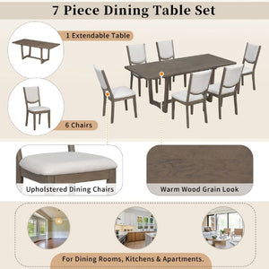 English Elm Trexm Extendable Oak Veneer Dining Set with Six Upholstered Curved Back Chairs Espresso ST000162AAP