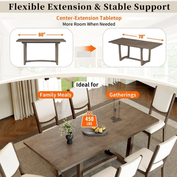 English Elm Trexm Extendable Oak Veneer Dining Set with Six Upholstered Curved Back Chairs Espresso ST000162AAP