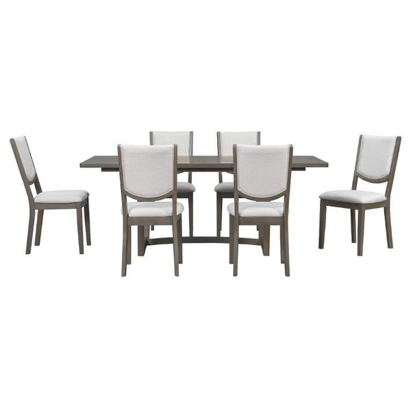English Elm Trexm Extendable Oak Veneer Dining Set with Six Upholstered Curved Back Chairs Espresso ST000162AAP