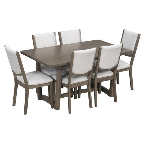 English Elm Trexm Extendable Oak Veneer Dining Set with Six Upholstered Curved Back Chairs Espresso ST000162AAP