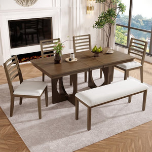 English Elm Trexm Rustic Oak Veneer Extendable Dining Set Seats Six with Bench and Ladder Back Chairs ST000163AAP